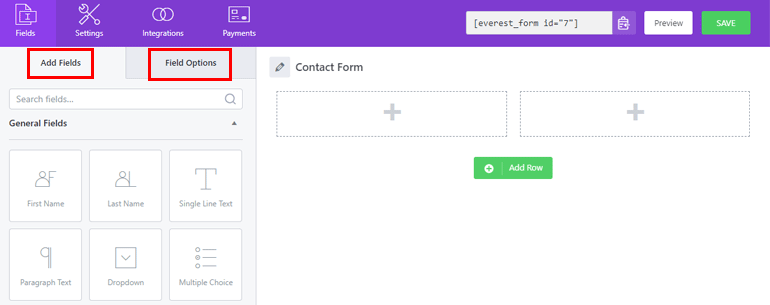 Interface do Everest Forms Builder