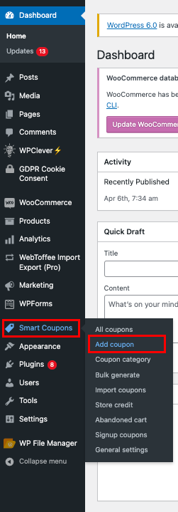 Adicionando novos cupons no WooCommerce Smart Coupons > Adicionar cupom