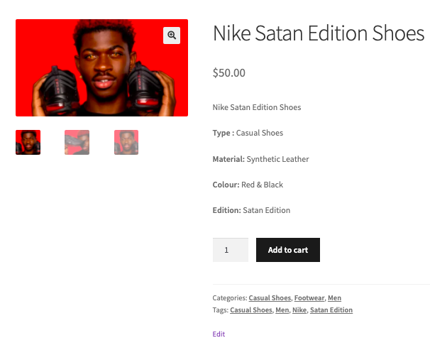 Page produit des chaussures Nike édition Satan