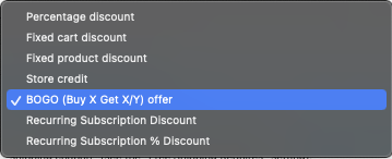 Выбор BOGO в качестве типа скидки