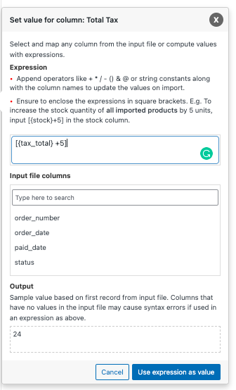 Augmentation de la taxe totale de 5 en utilisant l'expression [{tax_total} +5]