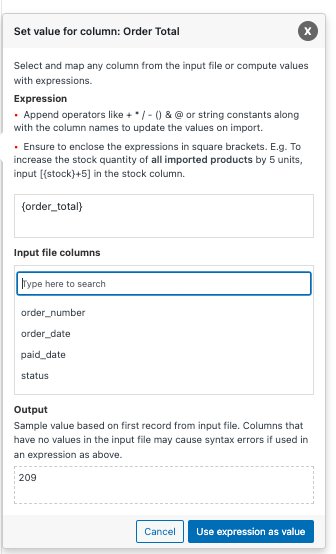 ตั้งค่าสำหรับคอลัมน์: Order Total