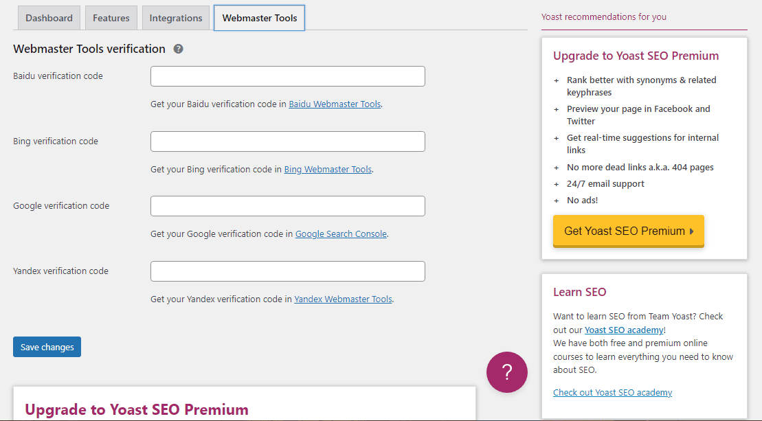 Interfața „Instrumente pentru webmasteri” Yoast