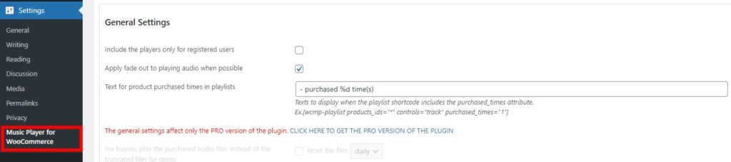 configuración general agregar reproductor de audio a woocommerce