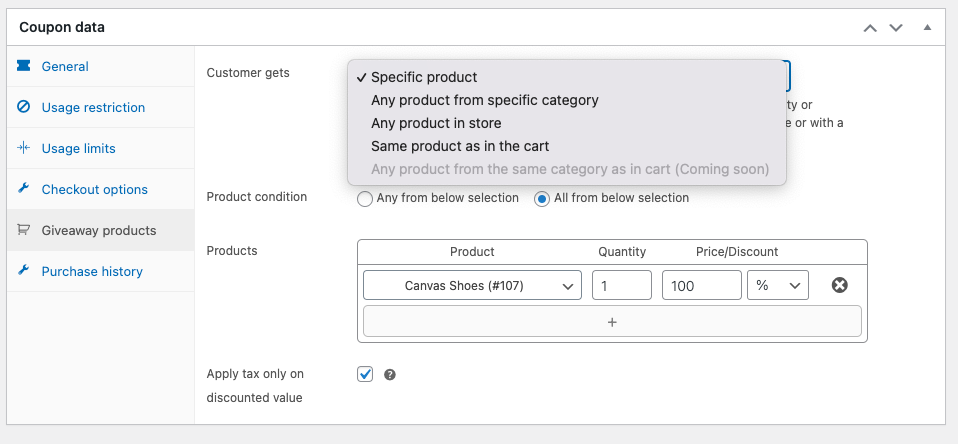 Selecione o tipo de produtos para recompensar os clientes