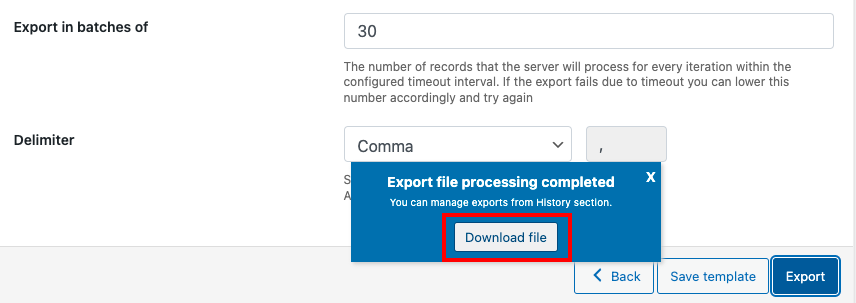 Procesamiento de archivo de exportación completado