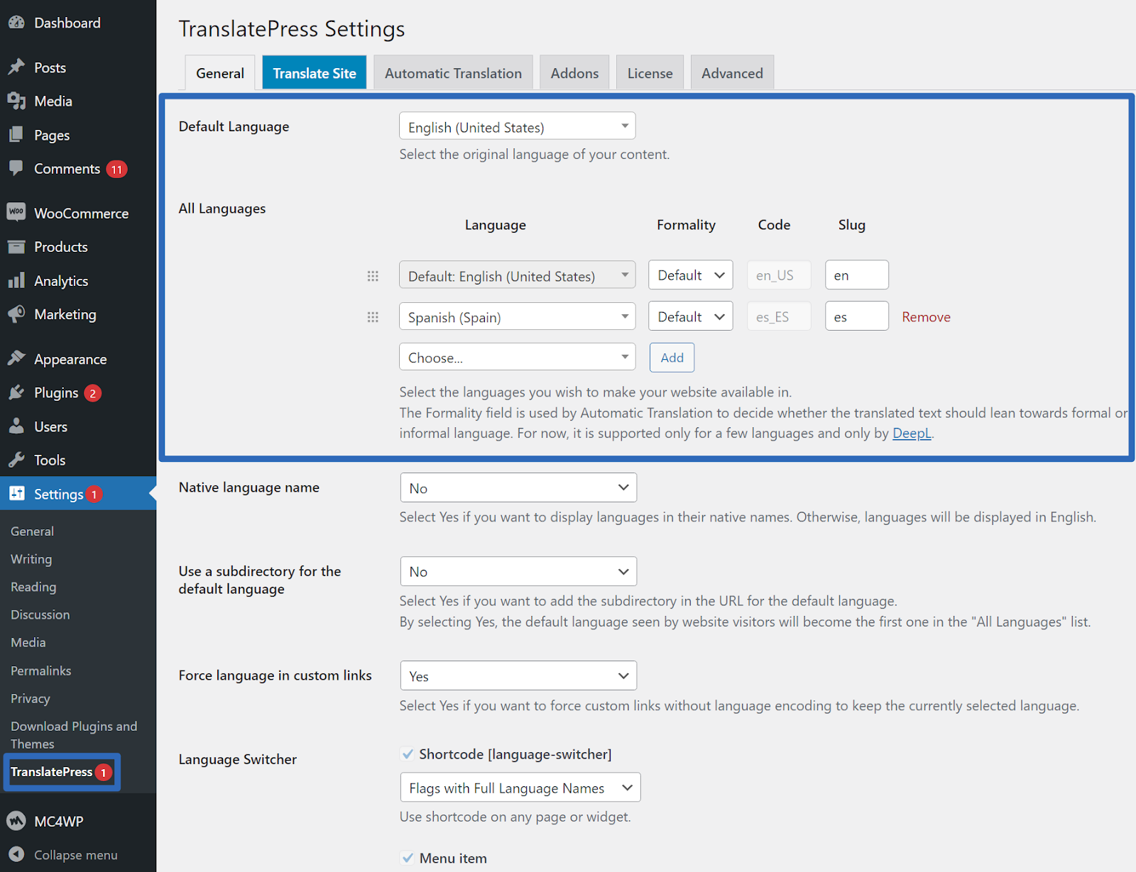 Install TranslatePress and Choose Languages