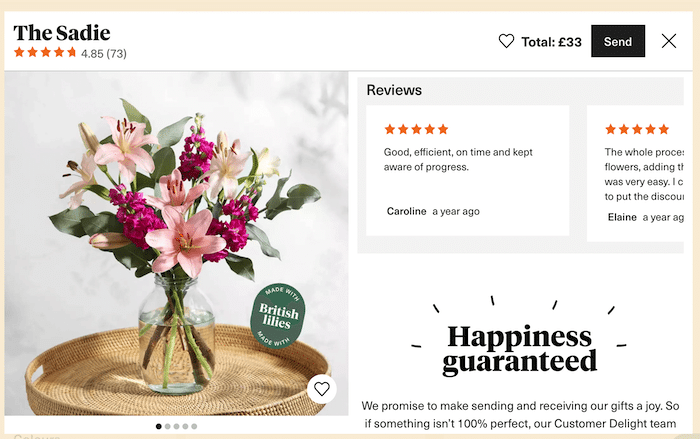 BloomandWildのWebサイトでの社会的証明の例としてのカスタマーレビュー。