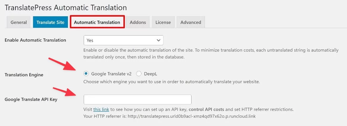 traduzione automatica per il widget di traduzione del sito web di TranslatePress