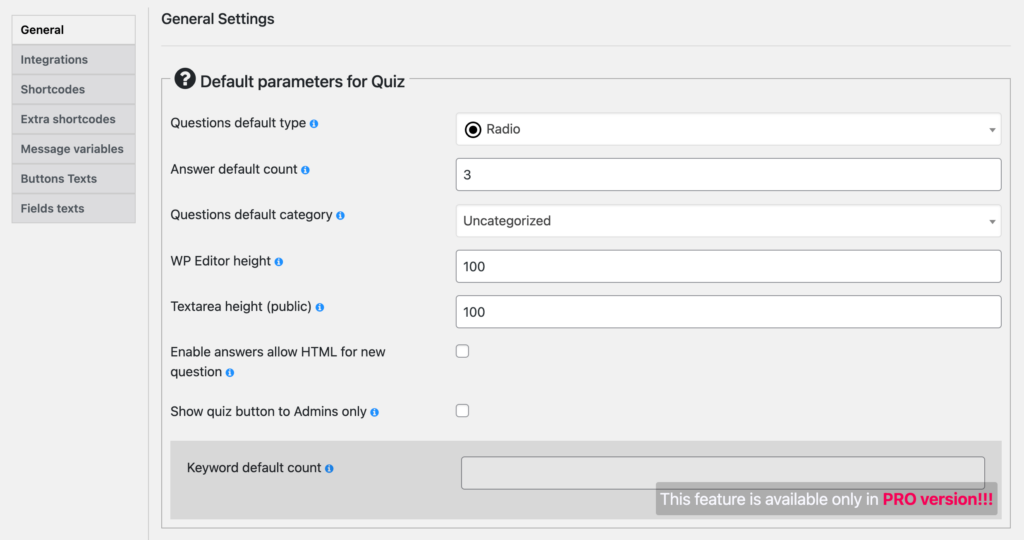 Plugin de construtor de questionários do WordPress - configurações do Quiz Maker