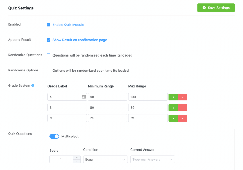 WordPress sınav oluşturucu eklentisi - Fluent Forms sınav ayarları