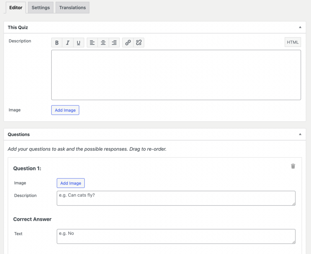 Configurações do construtor de questionários do Quiz Cat WordPress