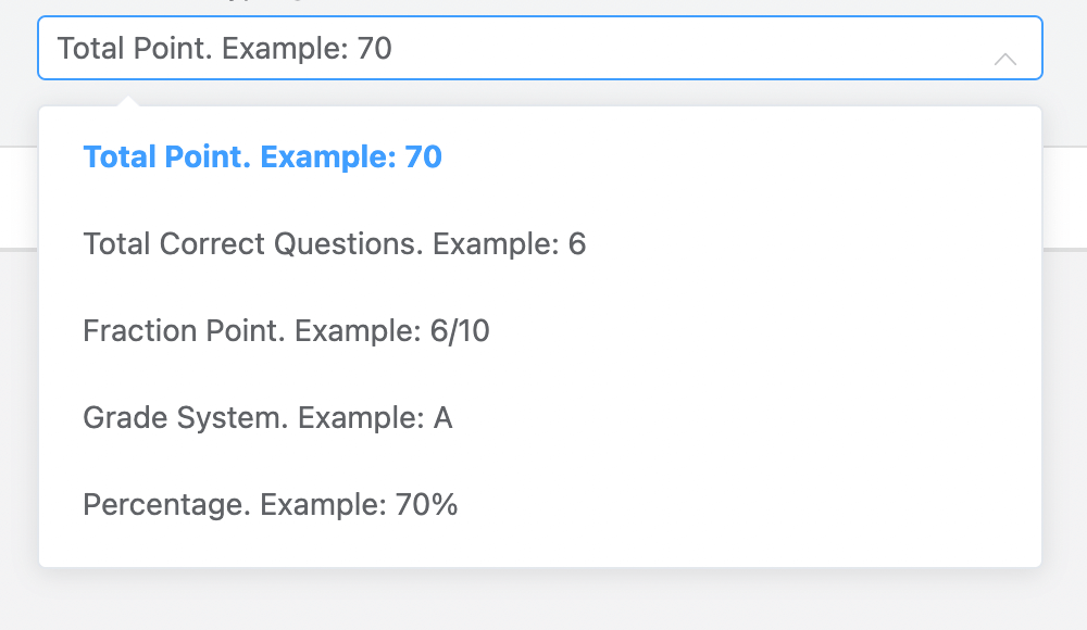 Fluent Forms sınav puanı seçenekleri