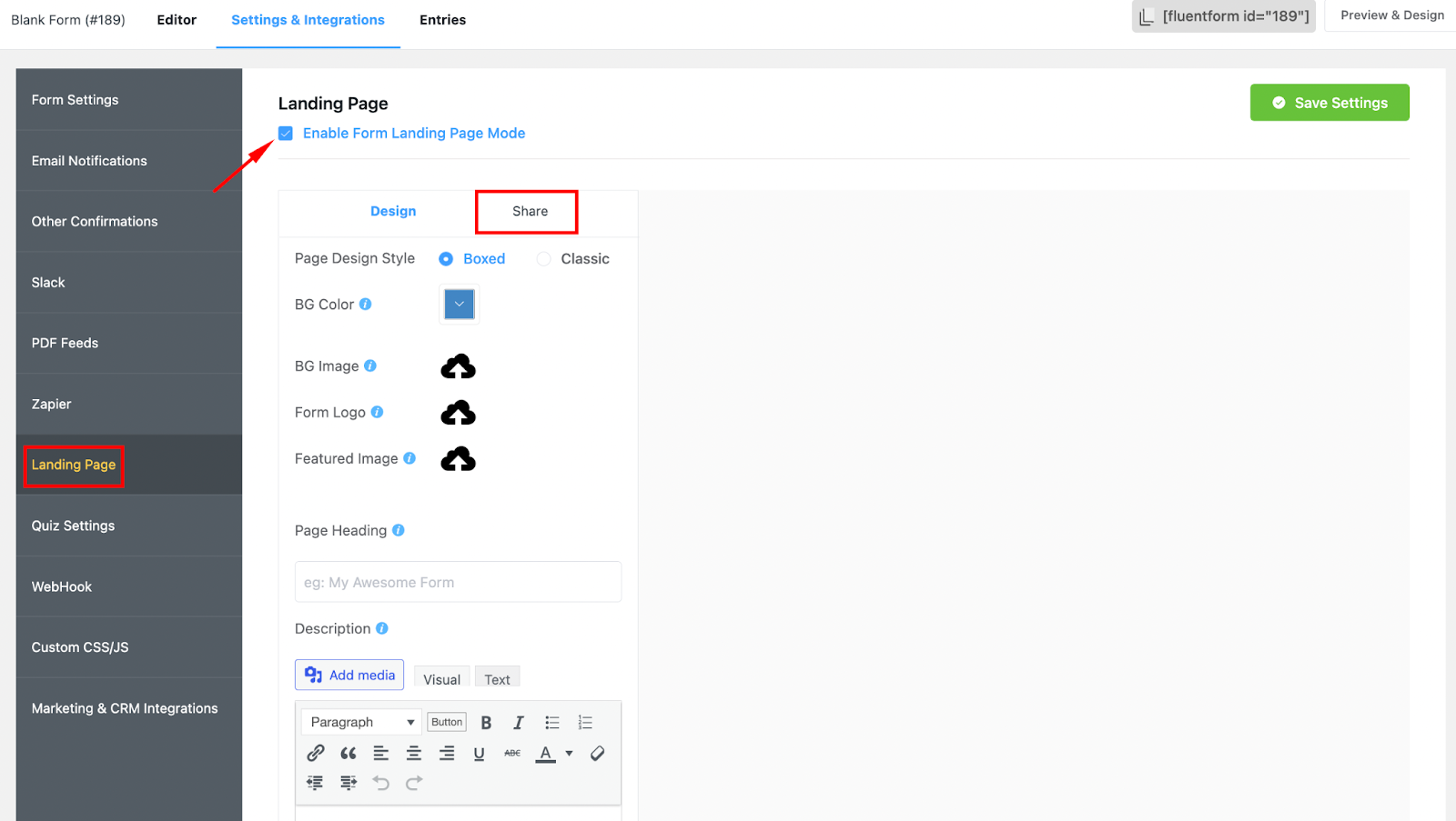 Fonctionnalité de page de destination dans Fluent Forms