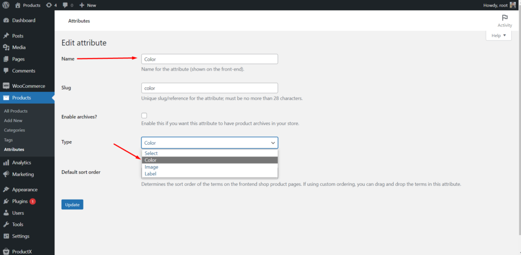 Product Attribute Type Selection