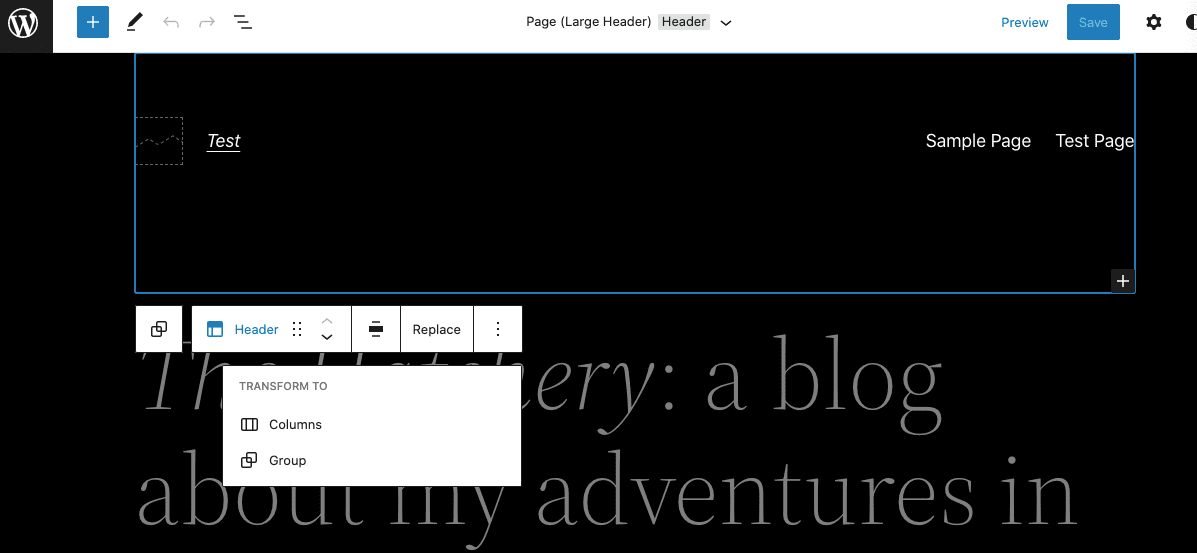 wp-admin che mostra l'immagine dell'intestazione con l'editor in blocco