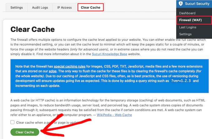 Effacer le cache dans le plugin Sucuri