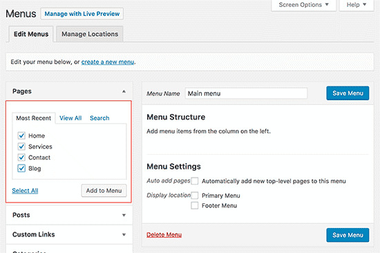 เพิ่มหน้าไปยังเมนู WordPress