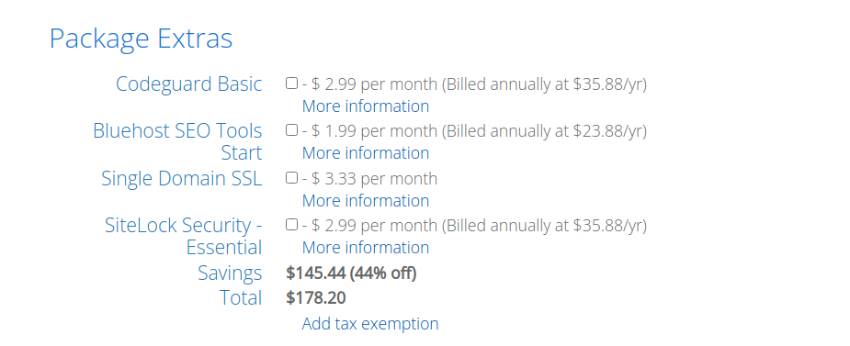 Extras do pacote Bluehost