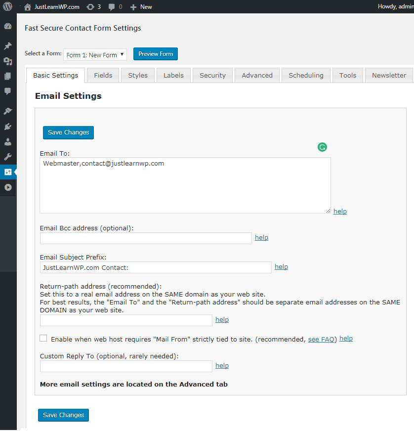 Paramètres de messagerie de base du formulaire de contact sécurisé rapide