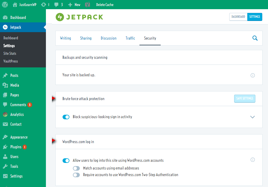 Jetpack WordPress การป้องกันกำลังดุร้าย