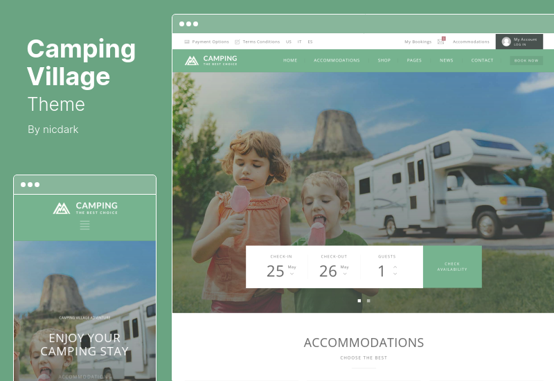 موضوع قرية التخييم - Campground Caravan Hiking Tent Accommodation WordPress Theme