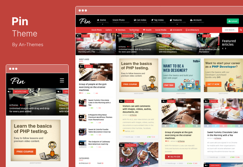 Tema Pin - Stil Pinterest și Tema WordPress pentru blogul personal Masonry