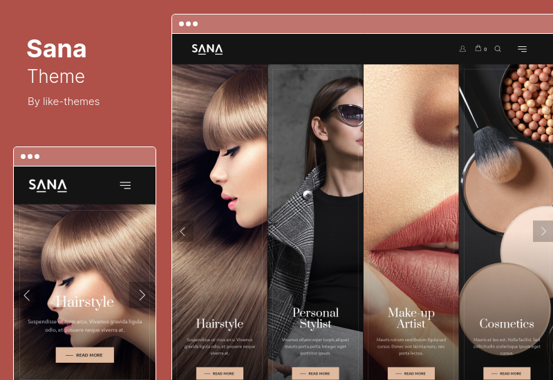 ธีม Sana - นักออกแบบแฟชั่นและร้านเสริมสวย ช่างแต่งหน้า WordPress Theme