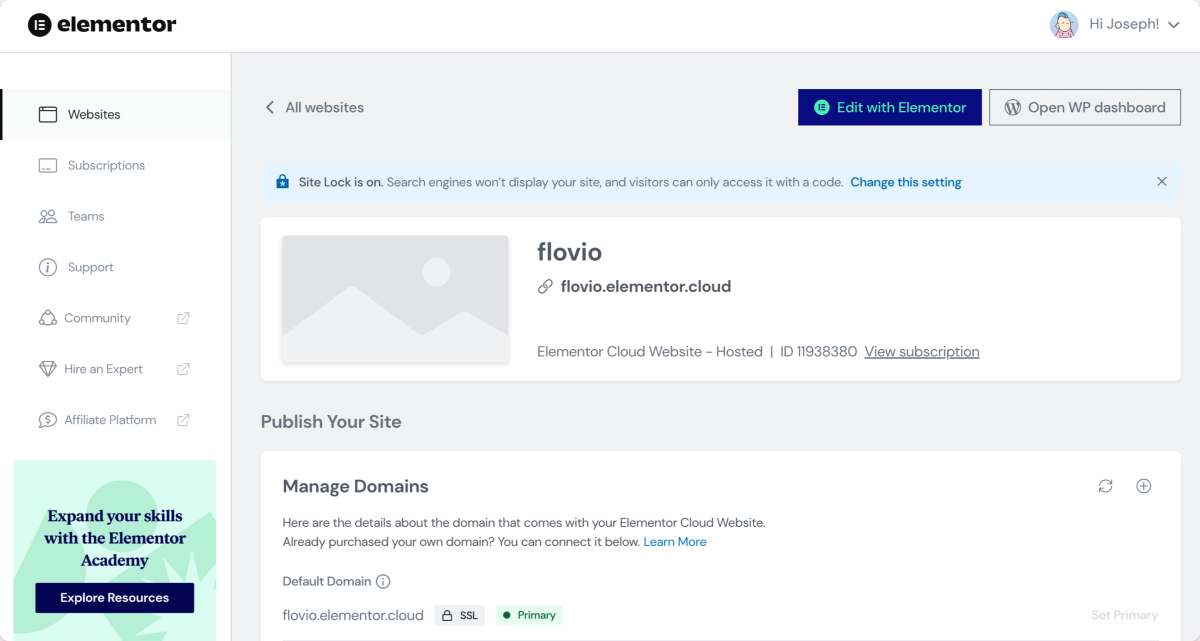 Opciones de administración del sitio web de Elementor Cloud.