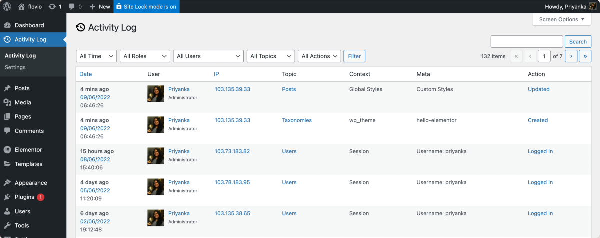 Il database del registro delle attività del sito Web Elementor Cloud.