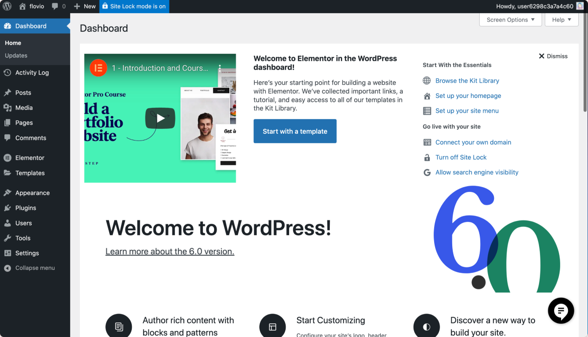 WordPress 管理儀表板歡迎屏幕。