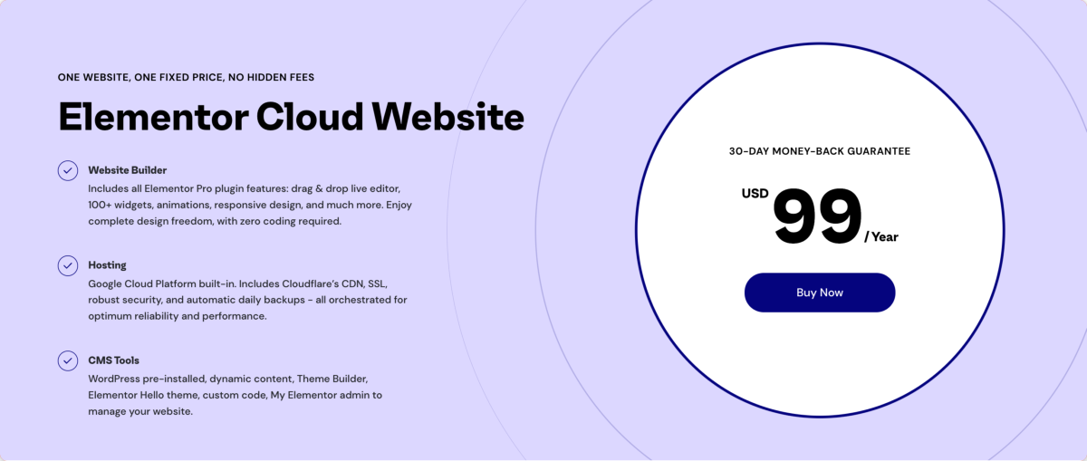 Plan tarifaire du site Web Elementor Cloud.