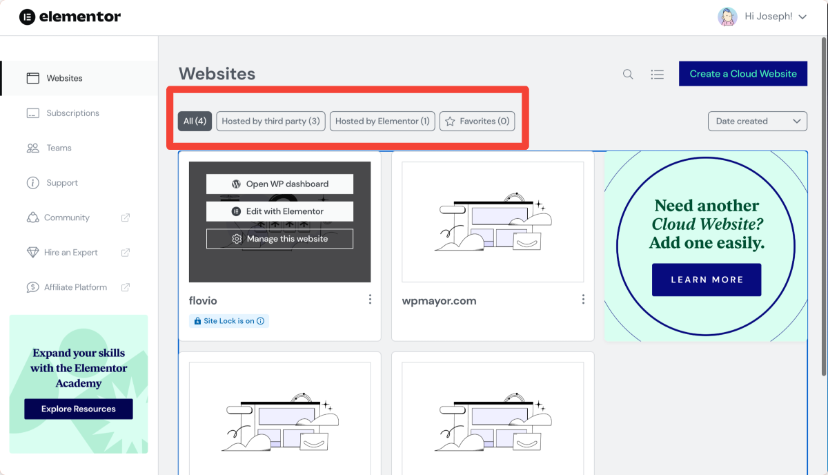 Панель управления веб-сайта Elementor Cloud.