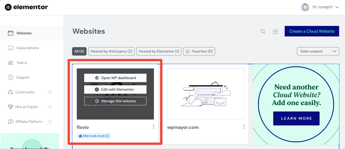 ElementorダッシュボードからのWebサイト管理。