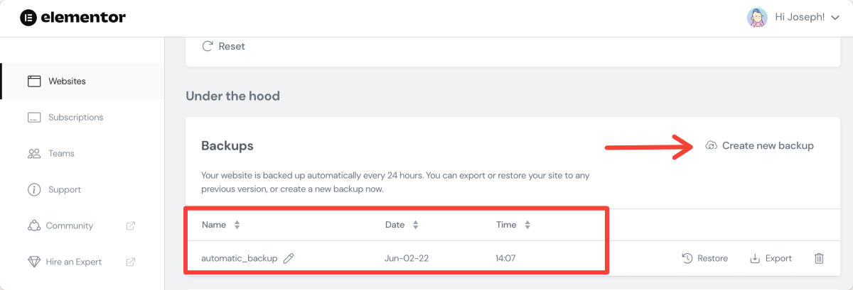 Opções de backup do site Elementor Cloud.