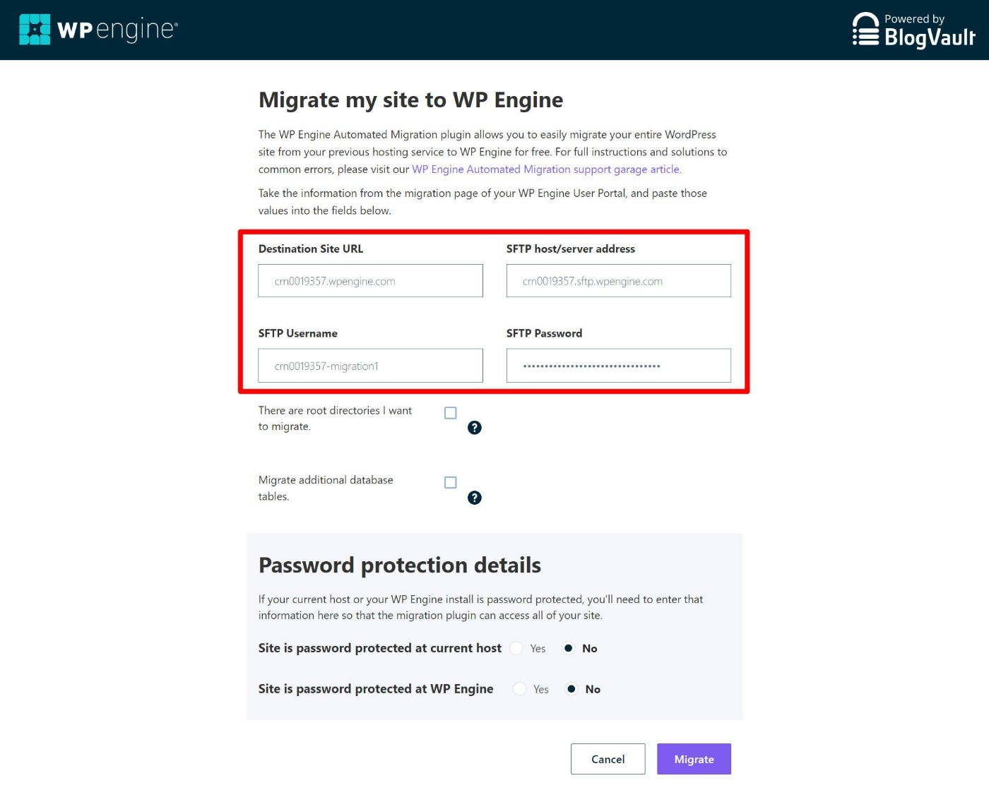 Ingrese los detalles de SFTP en la configuración del complemento