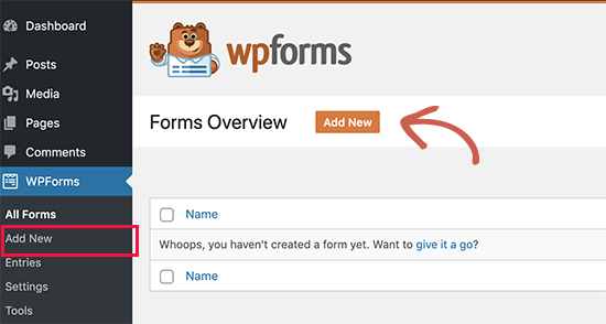 使用 WPForms 添加新表單