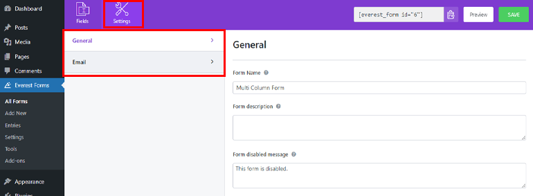 Opção de configurações do Everest Forms