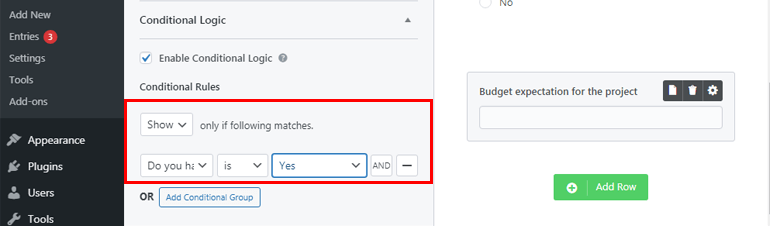 Configuración de la condición para habilitar la lógica condicional