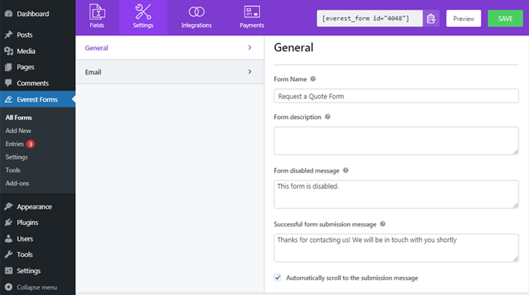 Configuración general del formulario de solicitud de cotización en WordPress