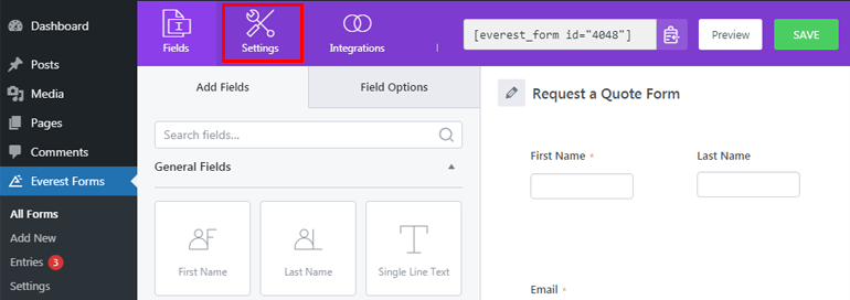 Tab Pengaturan Cara Membuat Formulir Permintaan Penawaran di WordPress