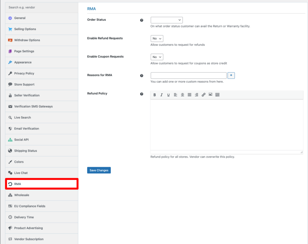 Visão geral do RMA das configurações do Dokan