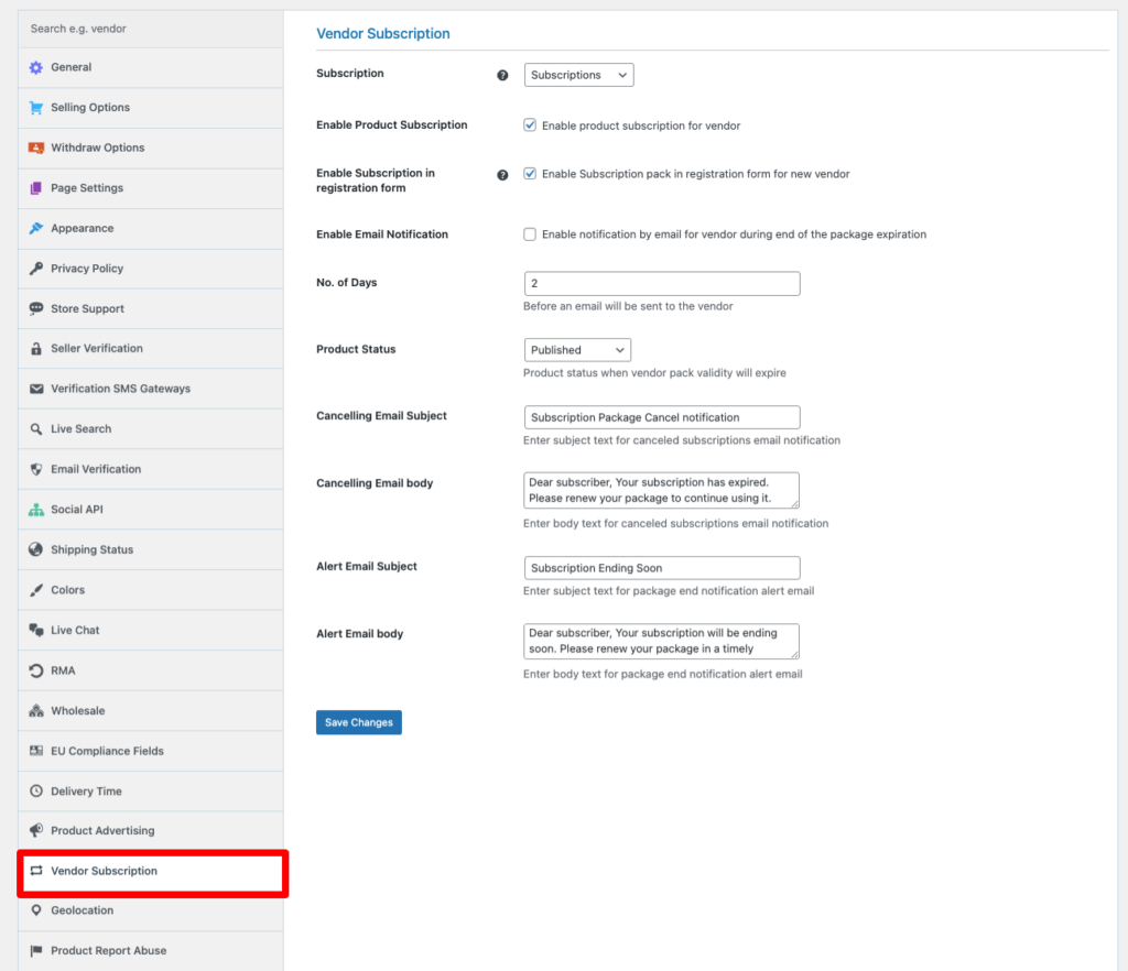 Abbonamento fornitore Panoramica delle impostazioni di Dokan