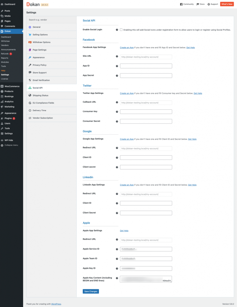 Dokan Social Descripción general de la configuración de Dokan