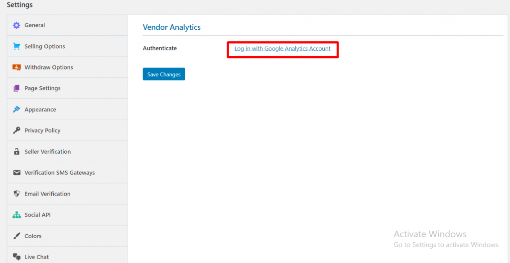 Login Vendor Analytics Vue d'ensemble des paramètres de Dokan