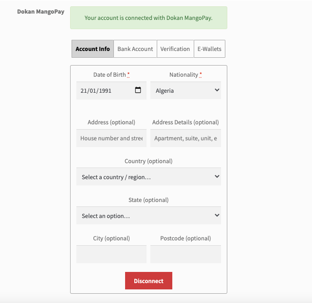 Dokan mangopay 지불 게이트웨이에 대한 공급업체 계정 정보 추가