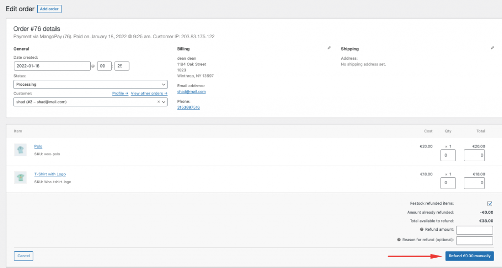 processo di rimborso per il gateway di pagamento Dokan mangopay