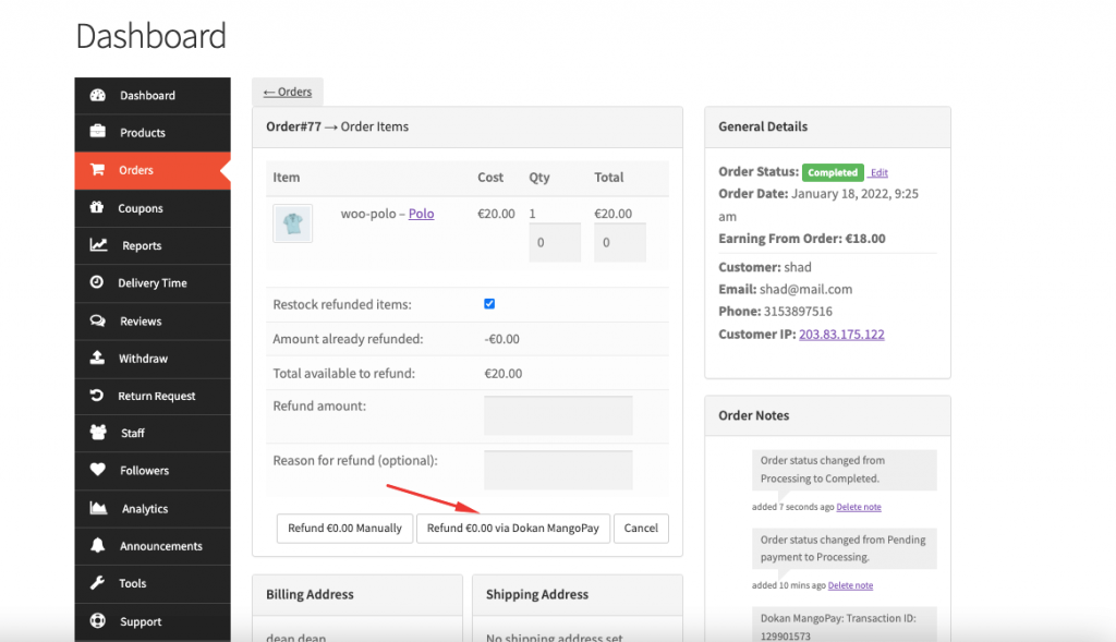 การคืนเงินคำสั่งซื้อจากผู้ขาย Dashboard_ เกตเวย์การชำระเงินของ Mangopay สำหรับ Dokan