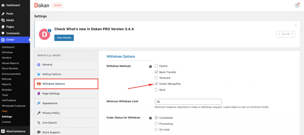 Abilita l'opzione di prelievo per il gateway di pagamento Mangopay di Dokan