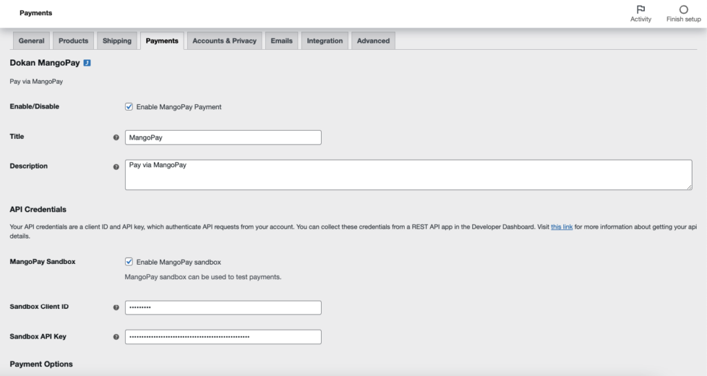 ส่วนการชำระเงิน WooCommerce สำหรับเกตเวย์การชำระเงิน Dokan Mangopay